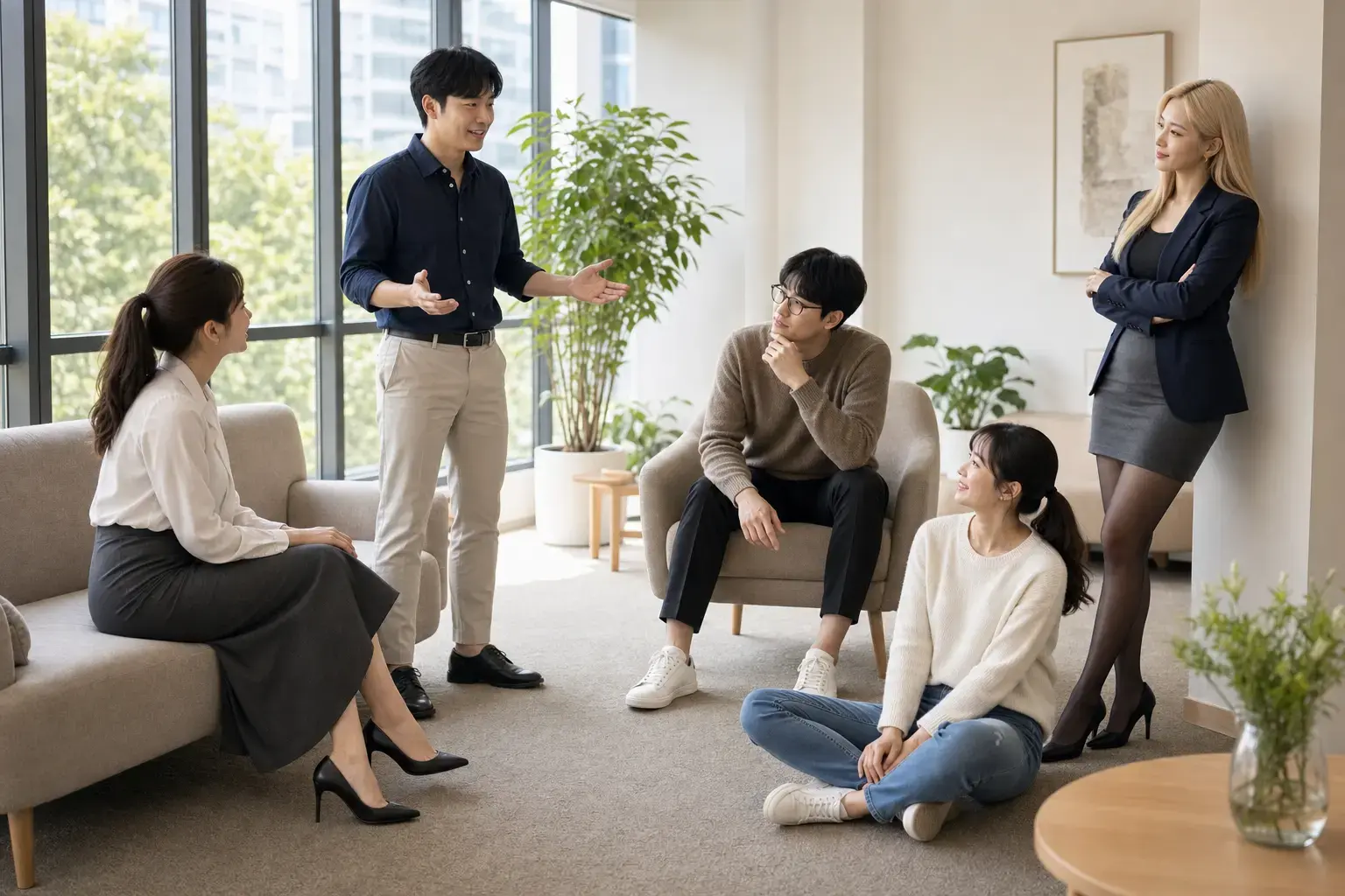 밝은 라운지에서 자유롭게 대화하는 한국인 협업 팀